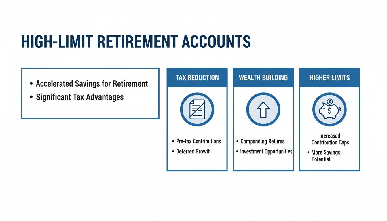 Infographic detailing high-limit retirement accounts: benefits include tax reduction, wealth building, and higher limits.