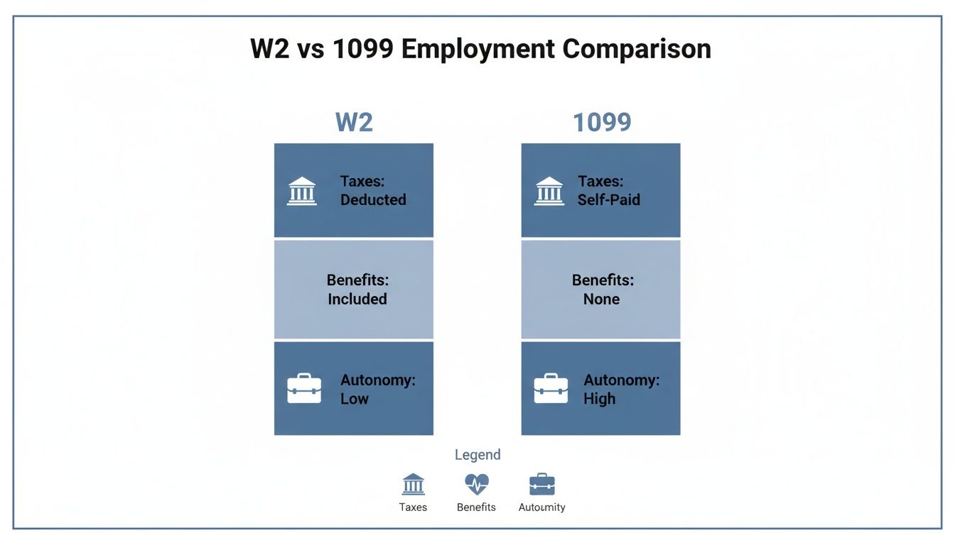 Comparison chart illustrating key differences between W2 and 1099 employment regarding taxes, benefits, and autonomy.
