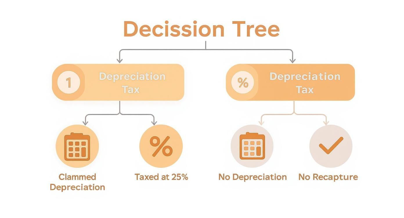 Decision tree flowchart outlining scenarios and outcomes related to depreciation tax.