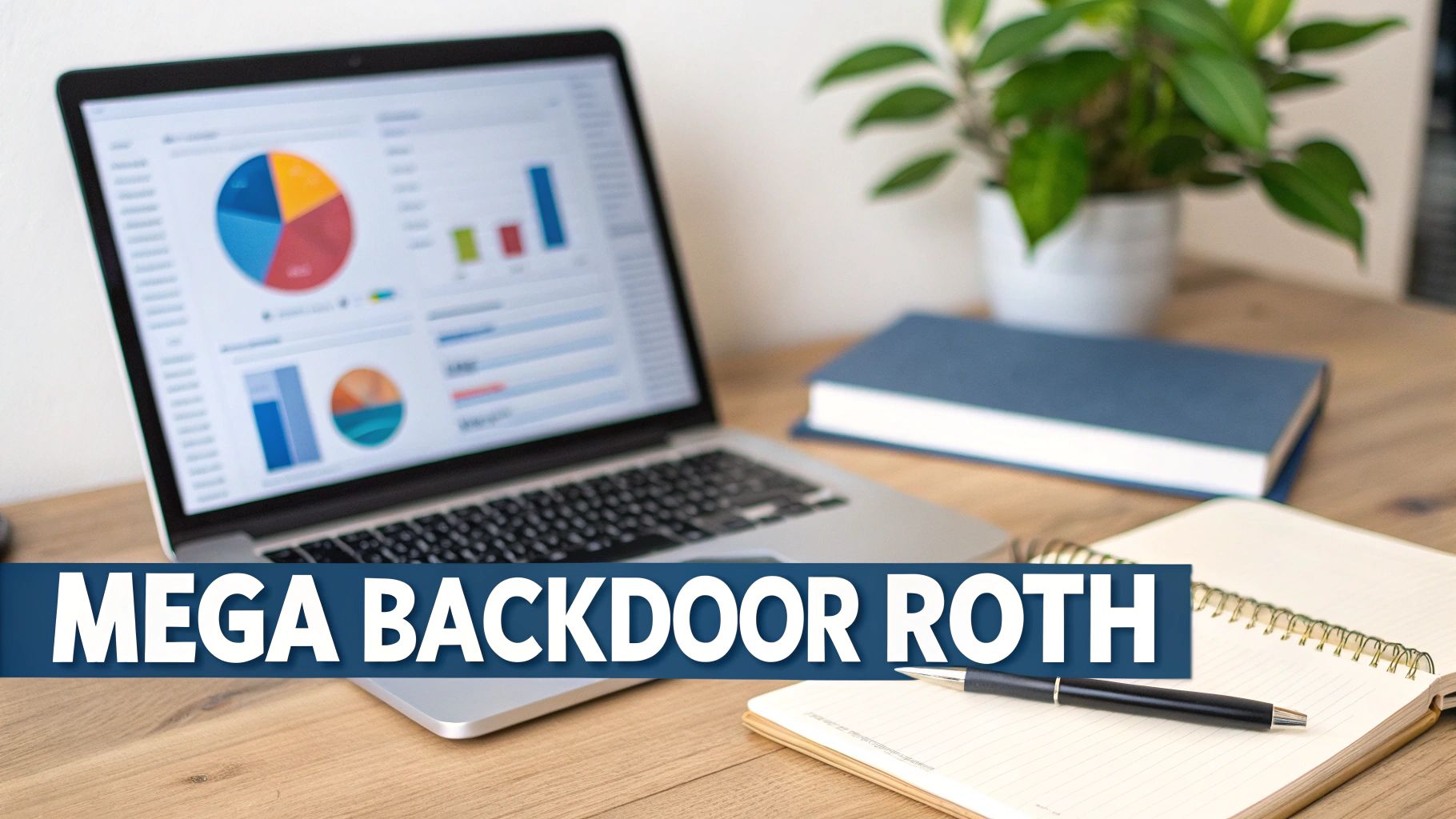A desk with a laptop showing financial charts, a notebook, and a pen, with 'MEGA BACKDOOR ROTH' text.