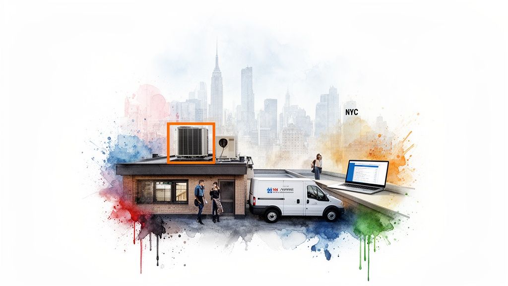 Watercolor illustration of a rooftop HVAC unit, service van, and people in New York City.