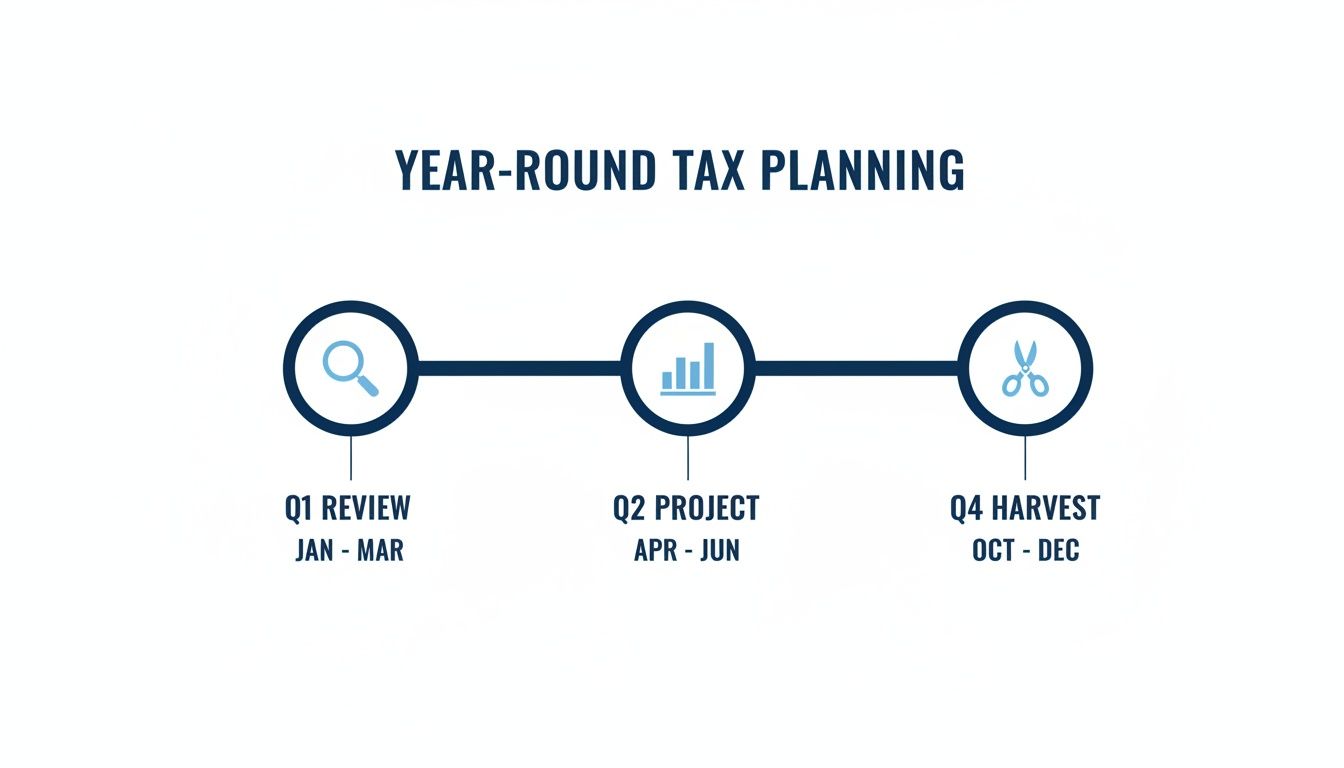 A timeline graphic illustrating year-round tax planning stages: Q1 review, Q2 project, and Q4 harvest.