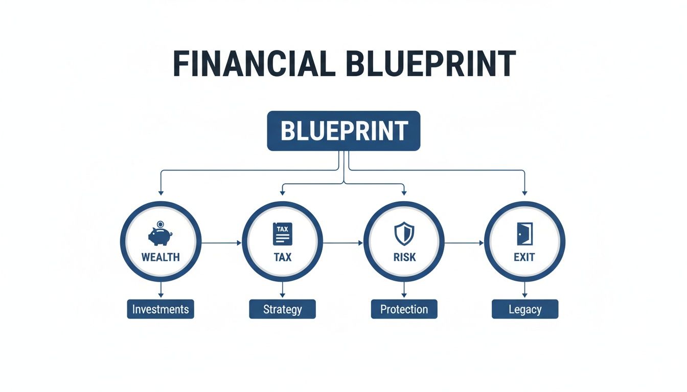 A financial blueprint showing a step-by-step process for wealth management, tax strategy, risk protection, and legacy planning.