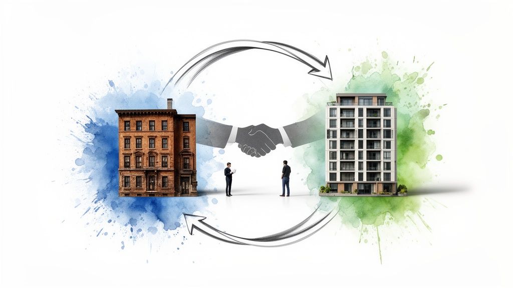 Conceptual image of a real estate transaction with two buildings, a handshake, and exchange arrows.