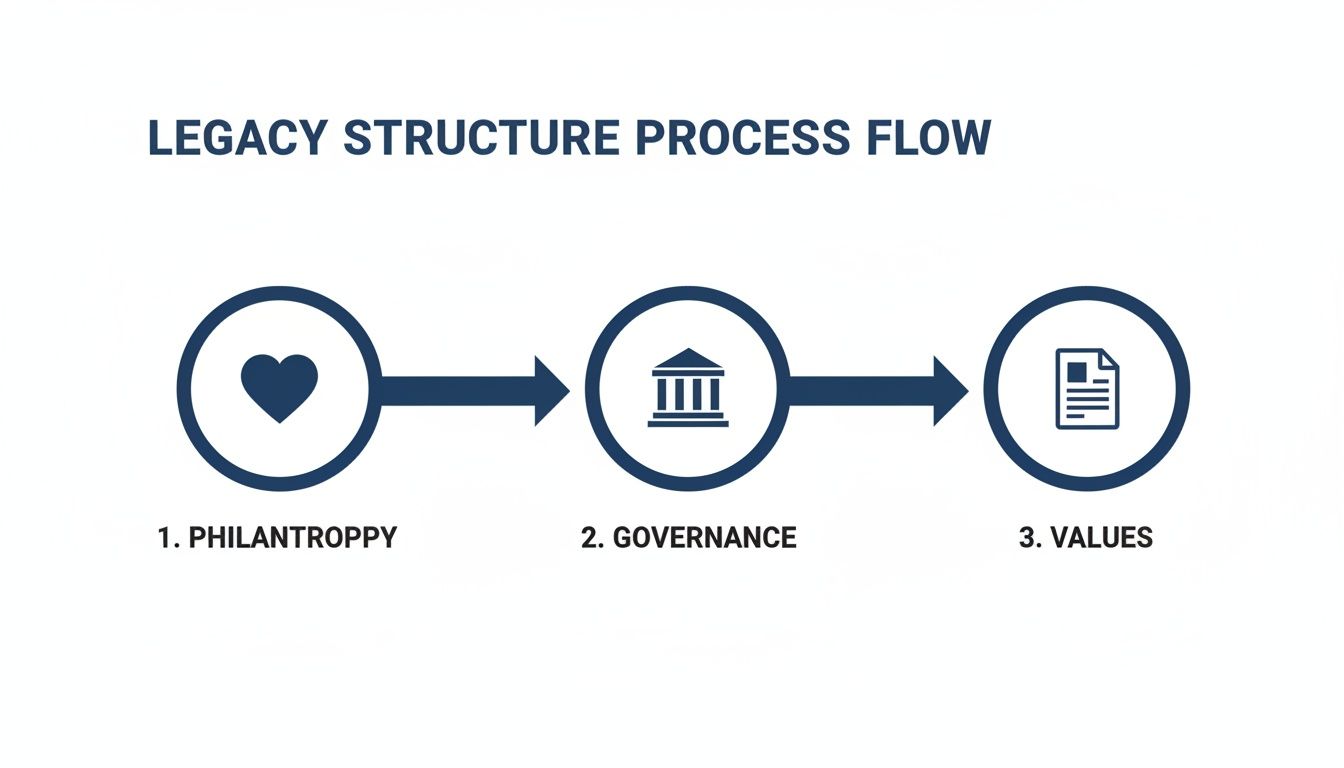 A flowchart titled 'Legacy Structure Process Flow' showing Philanthropy, Governance, and Values in sequence.