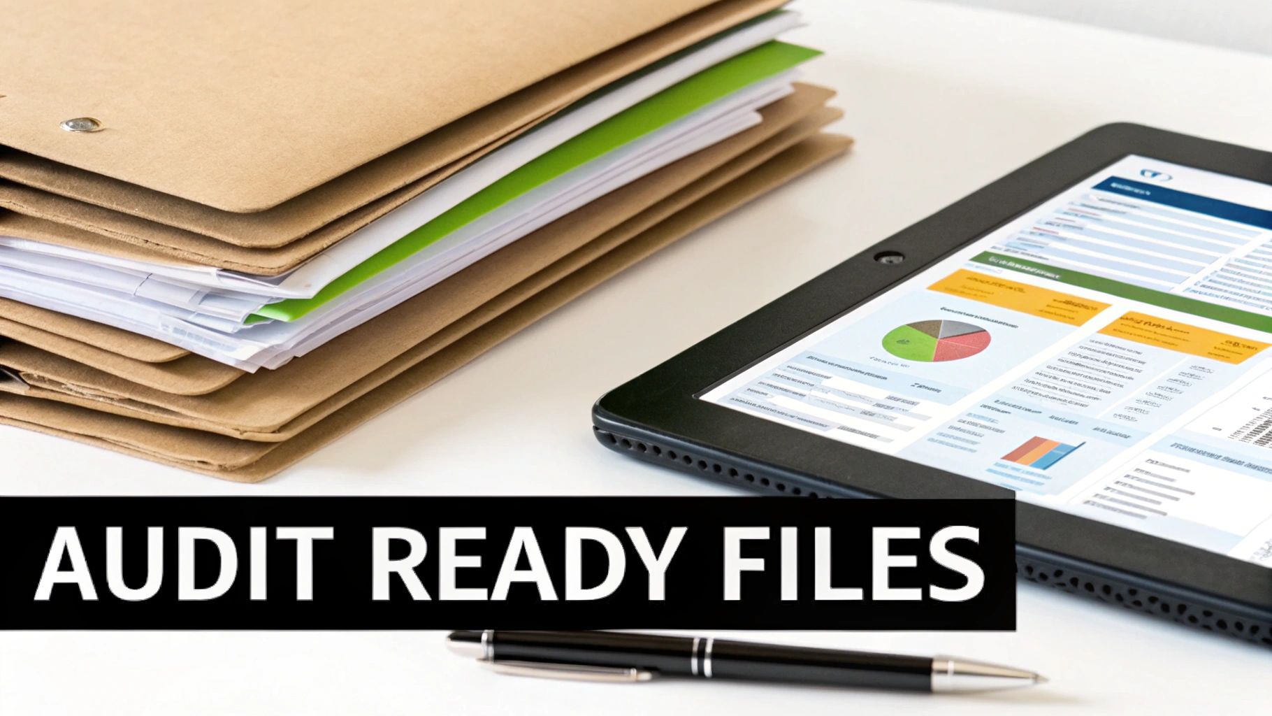 Stack of physical folders and a tablet displaying financial reports, with 'AUDIT READY FILES' text.