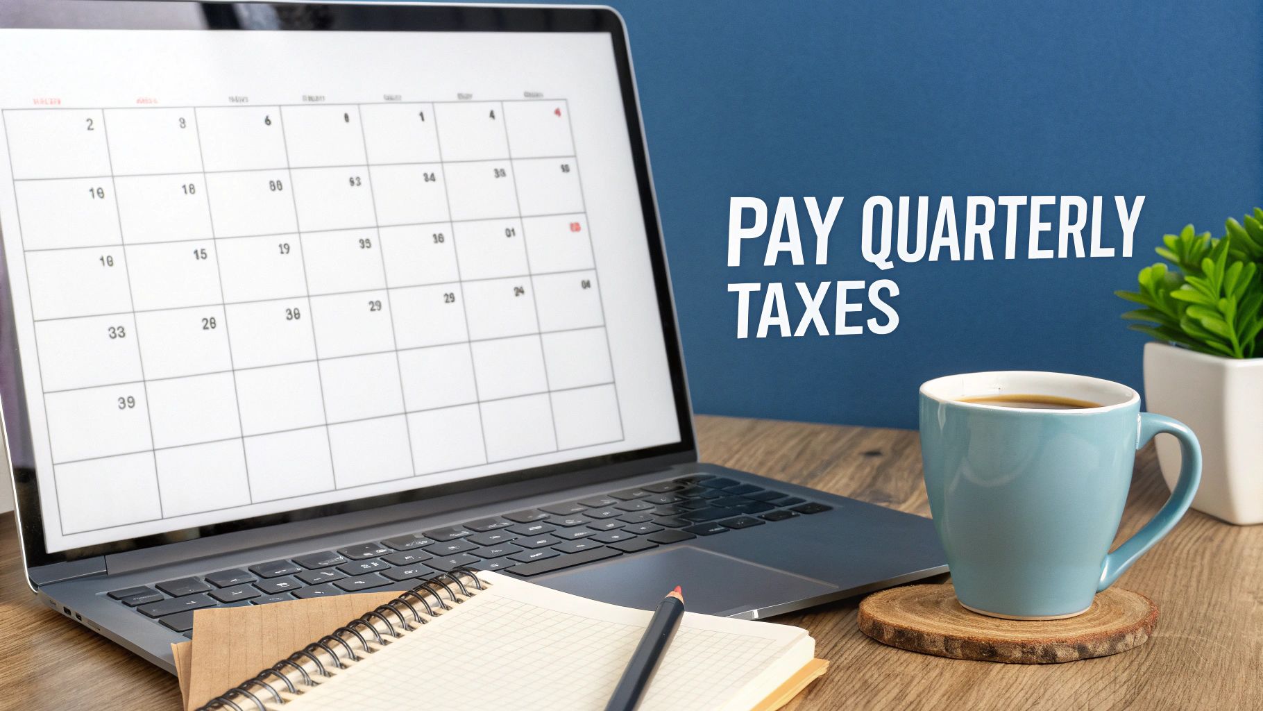 Laptop showing a calendar with 'PAY QUARTERLY TAXES' text, a coffee cup, and a notebook on a desk.