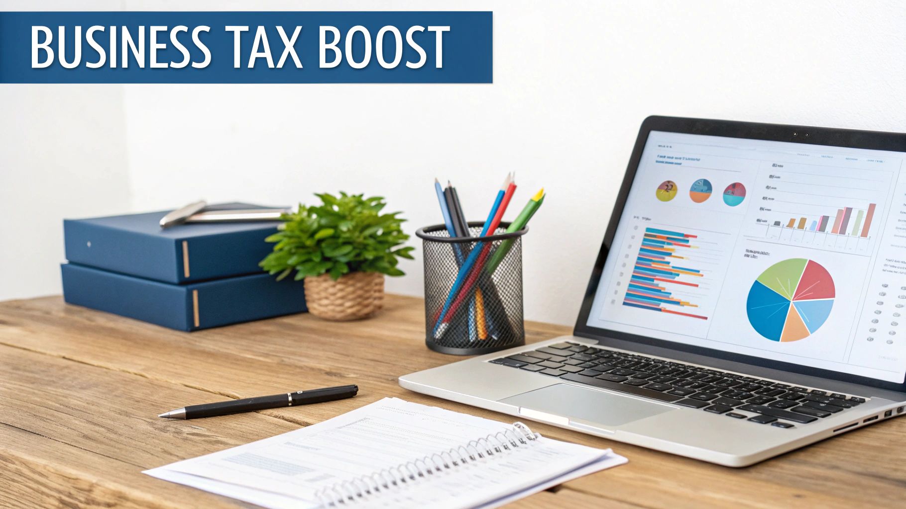 Business tax boost concept shown with a laptop displaying financial charts on an office desk.