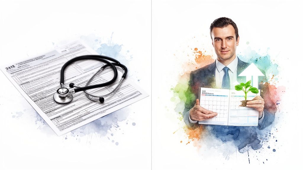 Stethoscope on a medical document next to a businessman holding a calendar and a growing plant.