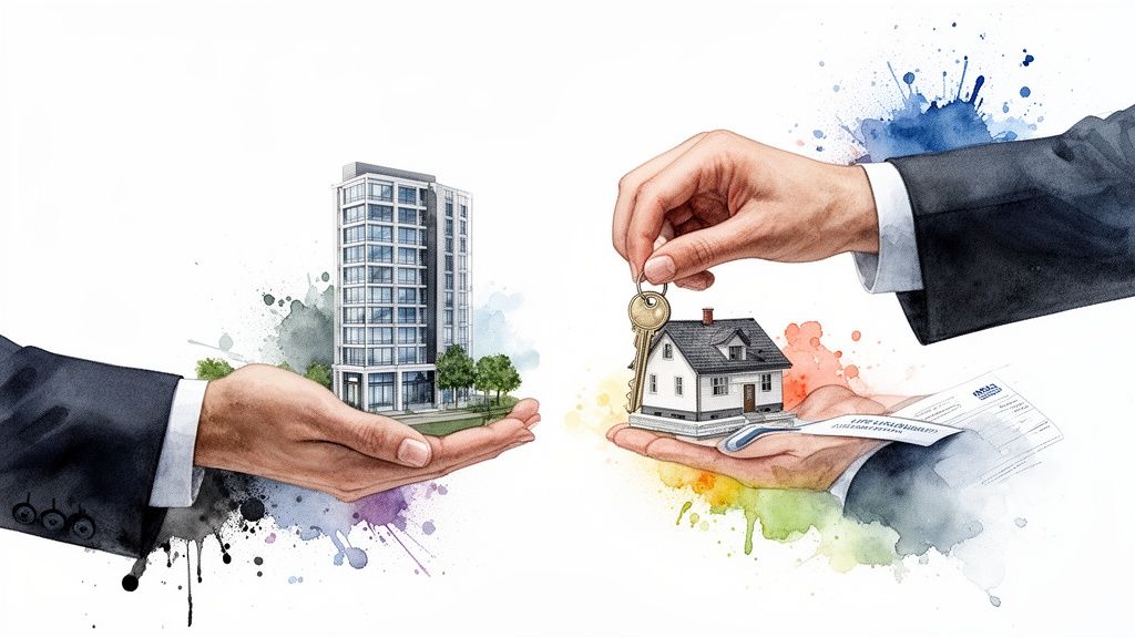 Two hands exchanging property models: one an apartment building, the other a house with keys.