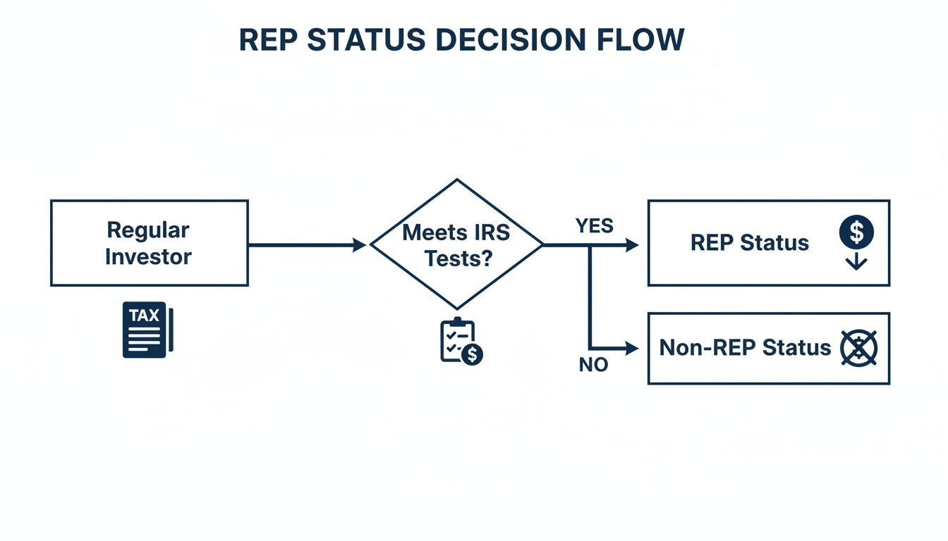 Decision flow for determining Real Estate Professional (REP) tax status for investors via IRS tests.