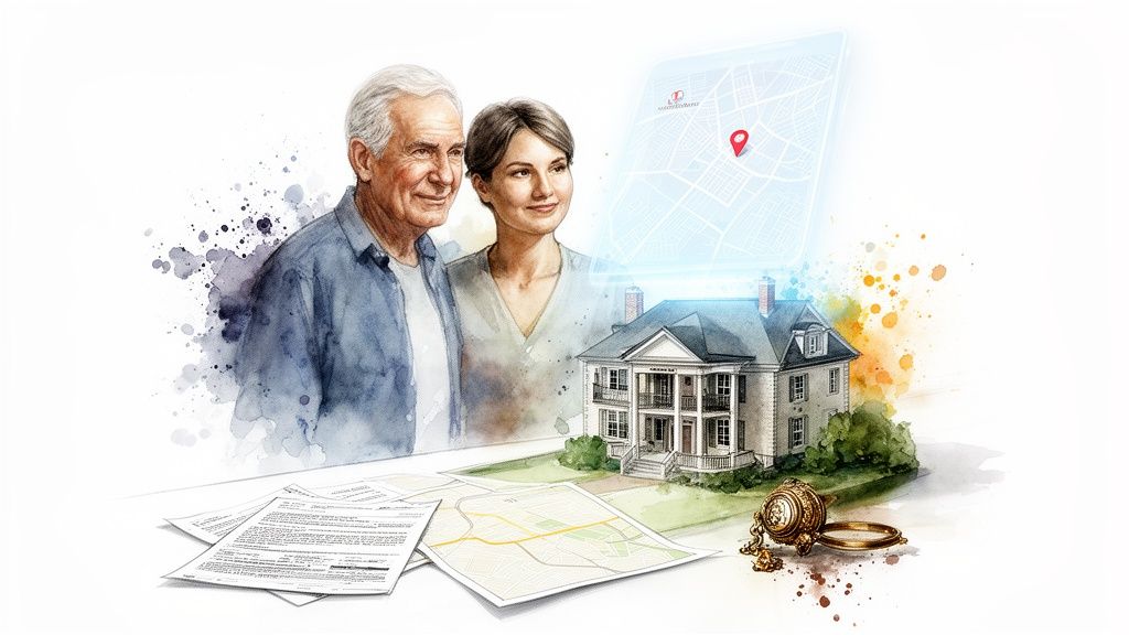Family with house, legal documents, and map, symbolizing estate and financial planning.