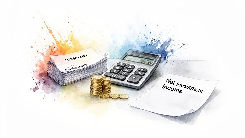 A calculator, stacks of gold coins, and papers with 'Margin Loan' and 'Net Investment Income' on a watercolor background.