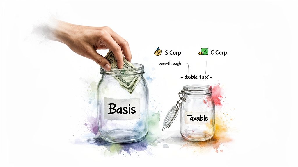 Illustration comparing S Corp pass-through taxation to C Corp double taxation with labeled jars.