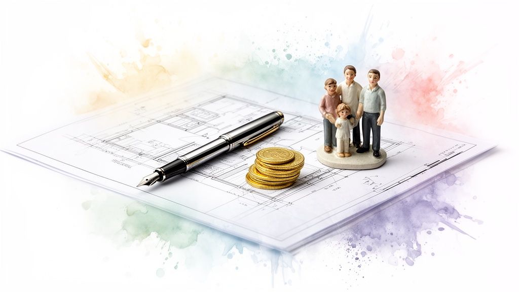 Family figurine, gold coins, and a pen on blueprints, symbolizing financial and future planning.