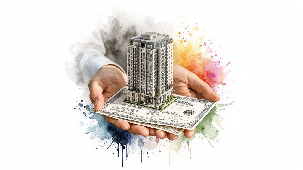 Hands holding a miniature building model atop dollar bills amidst colorful watercolor splashes, representing real estate investment.