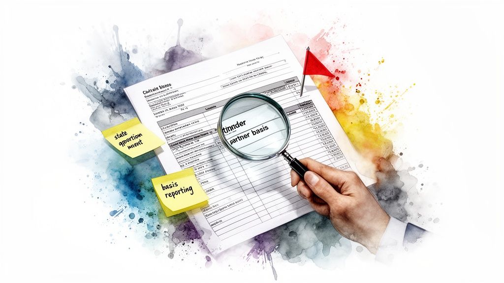 Financial document with a magnifying glass emphasizing 'partner basis' and sticky notes for 'state apportionment' and 'basis reporting'.
