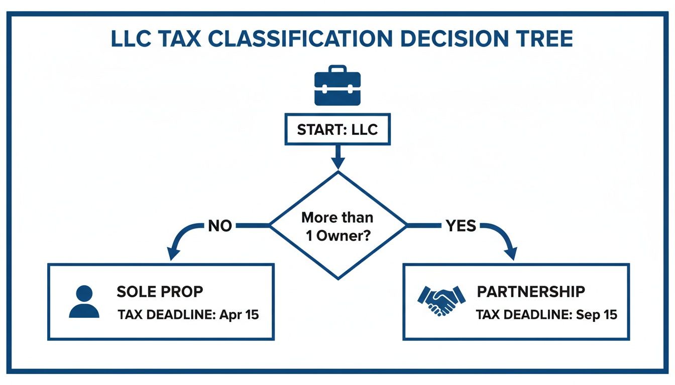 A decision tree illustrating LLC tax classification based on the number of owners and associated tax deadlines.