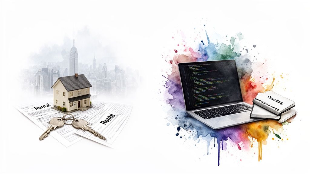 Two themes: real estate with a house model and keys, and tech consulting with a laptop and books.