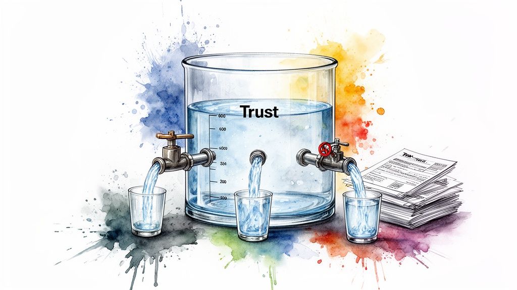 Watercolor illustration of a large beaker labeled 'Trust' dispensing water into three glasses and onto papers.