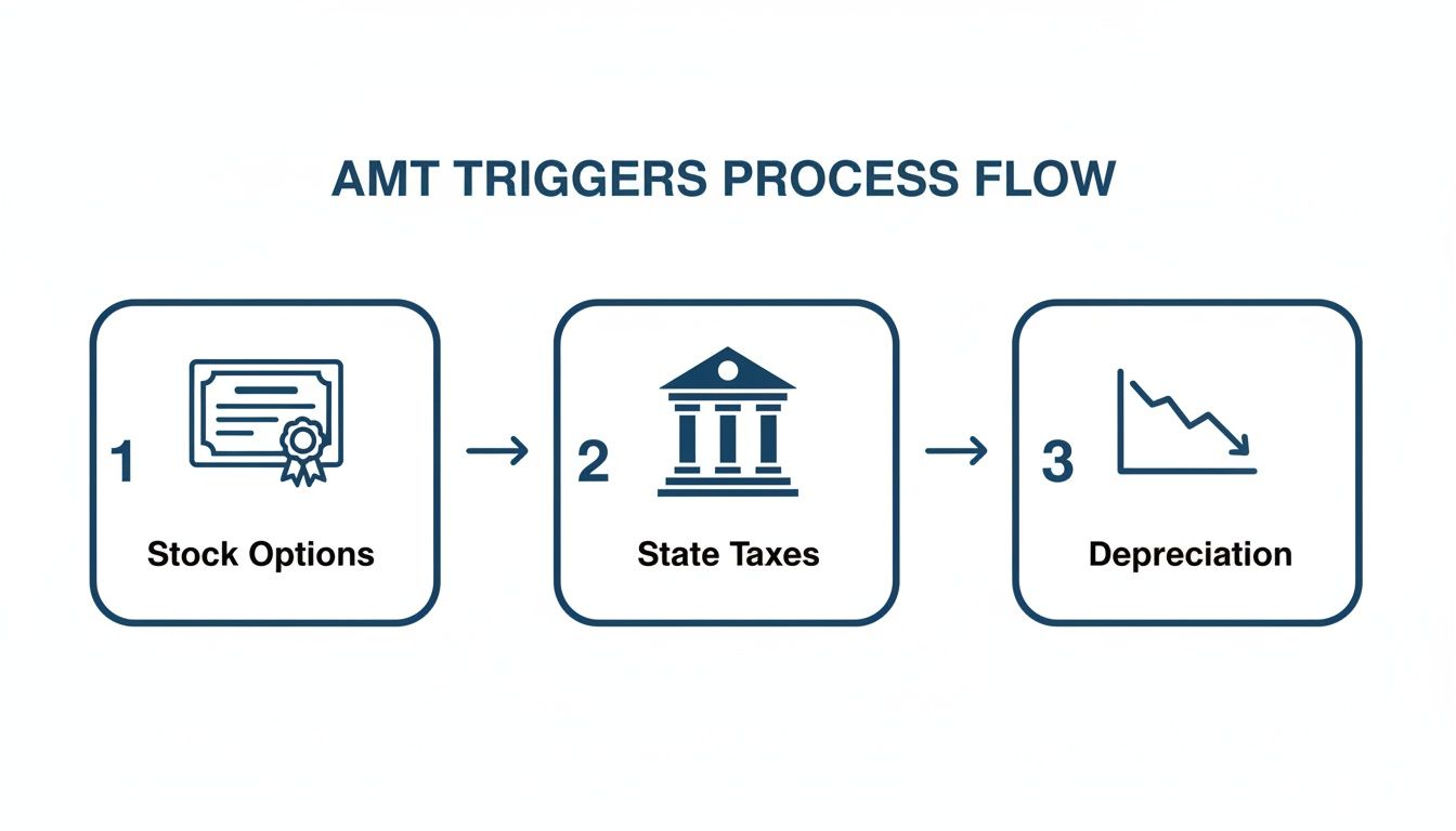 A process flow diagram illustrating three triggers for Alternative Minimum Tax: stock options, state taxes, and depreciation.