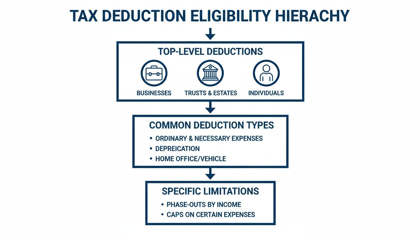 Flowchart illustrating the tax deduction eligibility hierarchy, including top-level deductions, types, and limitations.
