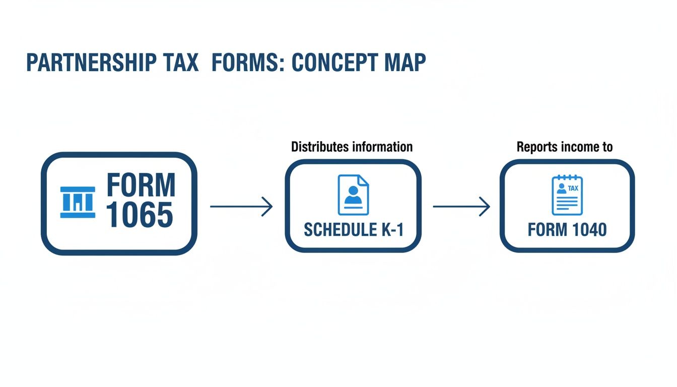 Concept map illustrating the flow of partnership tax forms: Form 1065, Schedule K-1, and Form 1040.