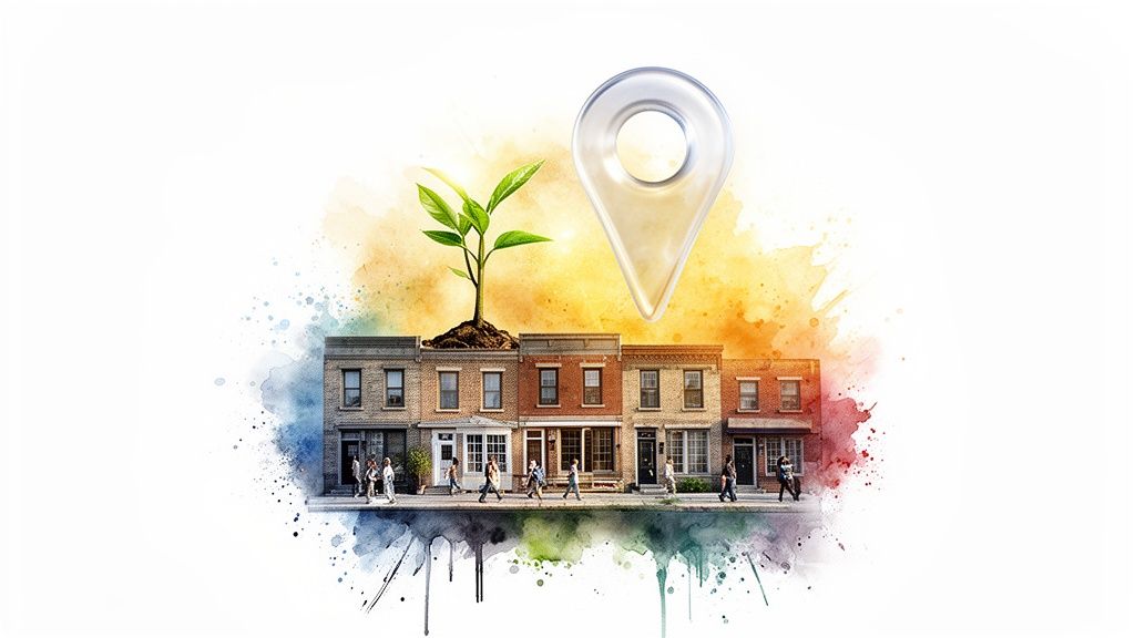 Watercolor illustration of city buildings with a growing plant, people, and a large map pin icon.