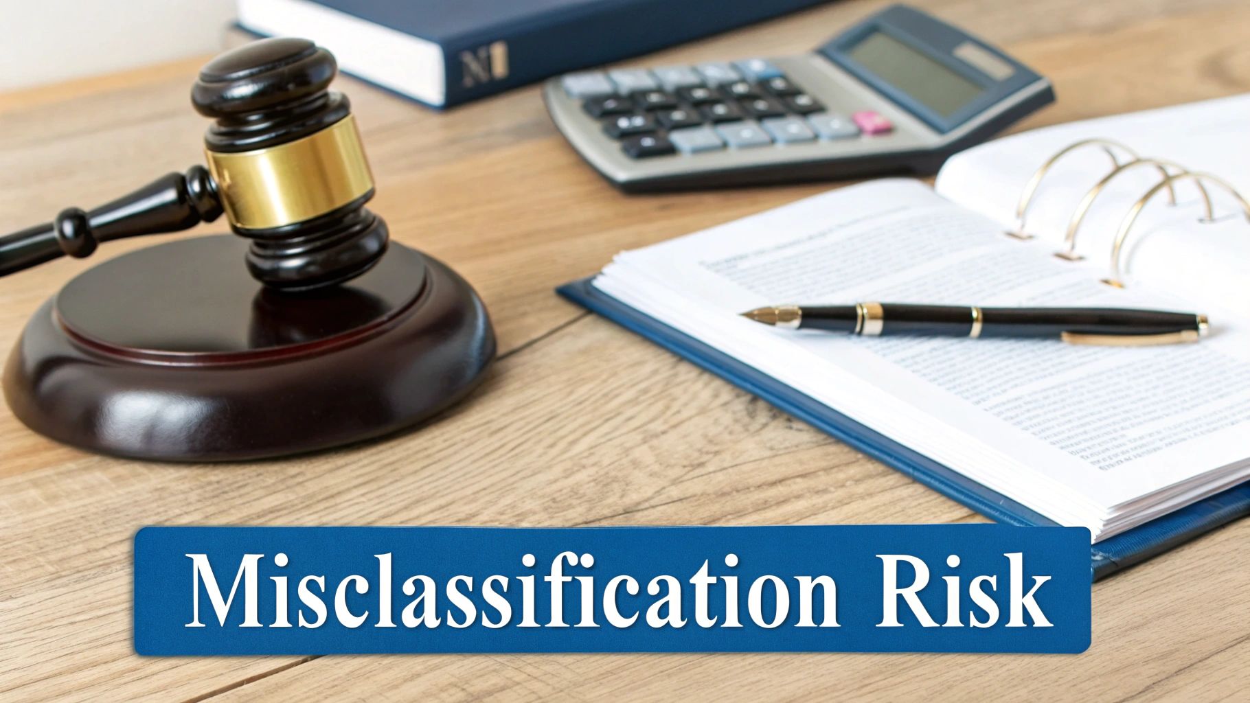 A gavel, calculator, and open notebook on a wooden desk with a 'Misclassification Risk' banner.