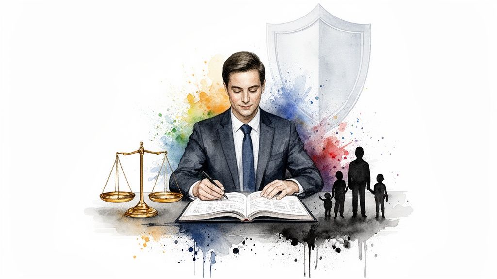 Man in suit writing, surrounded by scales of justice, family, and shield, representing legal protection.