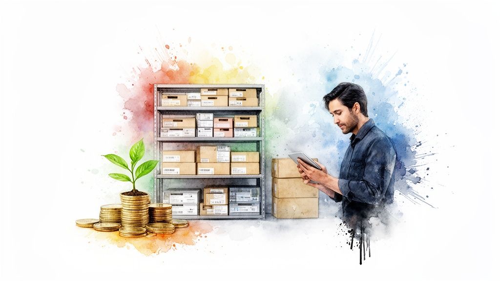 Man manages inventory on a tablet next to shelves with boxes, coins, and a growing plant.