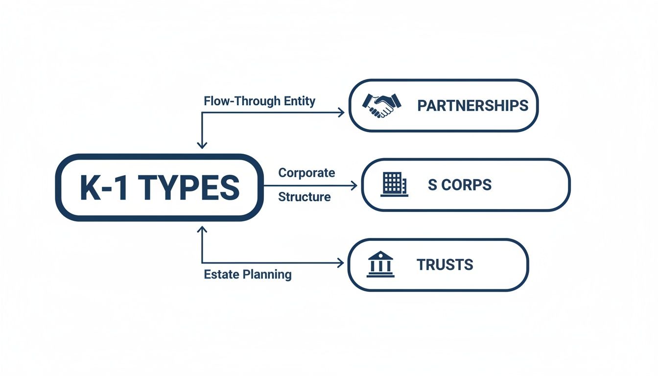 Flowchart illustrating K-1 types for partnerships, S corporations, and trusts, based on entity structure.