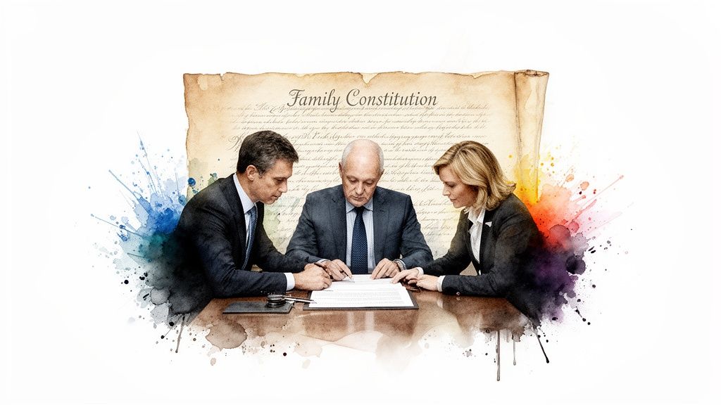 Three professionals signing a "Family Constitution" document at a table, surrounded by watercolor splashes.