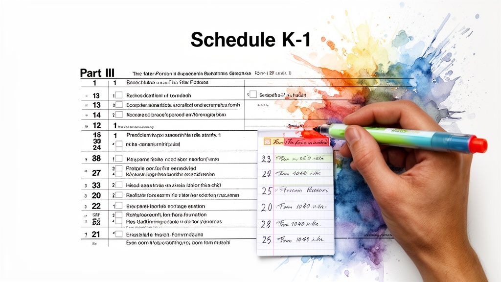 A hand highlights notes on a tax form Schedule K-1 with a marker over colorful watercolor splashes.