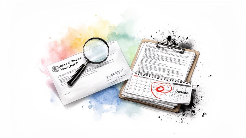 An illustration showing a property value notice, a magnifying glass, and a calendar with a deadline.