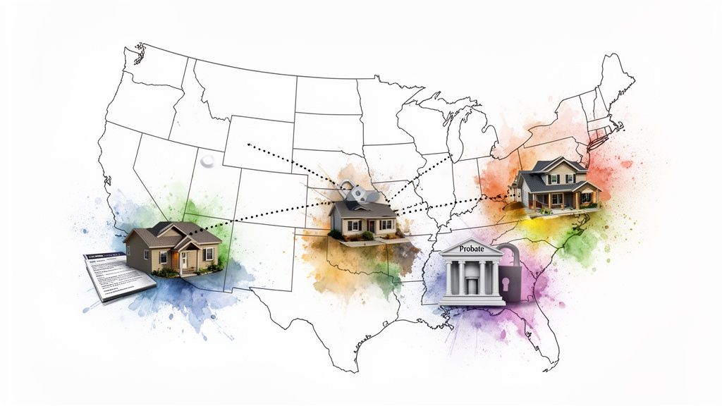 Map of USA with houses, a key, and a probate court building, illustrating real estate planning.