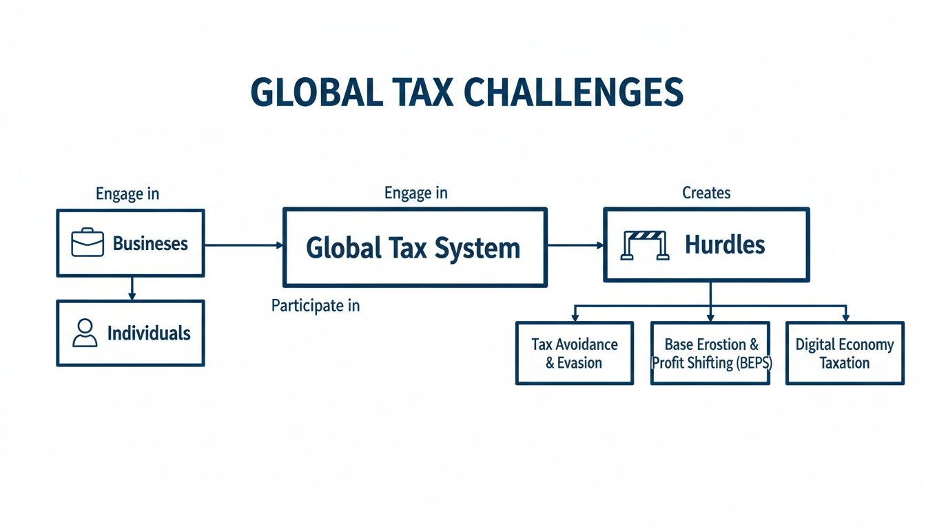 Flowchart illustrating global tax challenges, involving businesses, individuals, and hurdles like tax avoidance and BEPS.