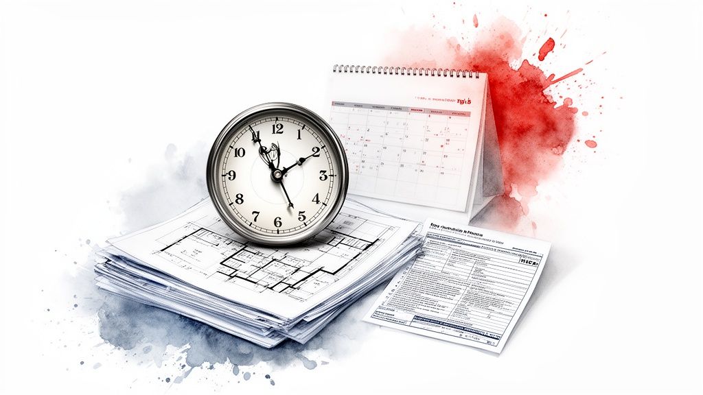 A desk clock, architectural blueprints, a calendar, and documents with watercolor splashes.