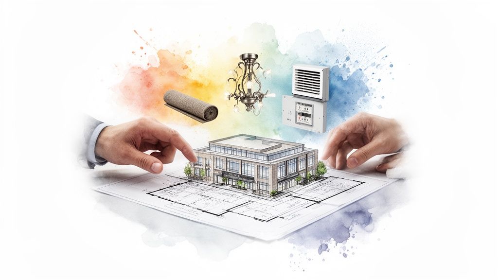 Hands interacting with a building blueprint and 3D model, surrounded by construction materials and systems.