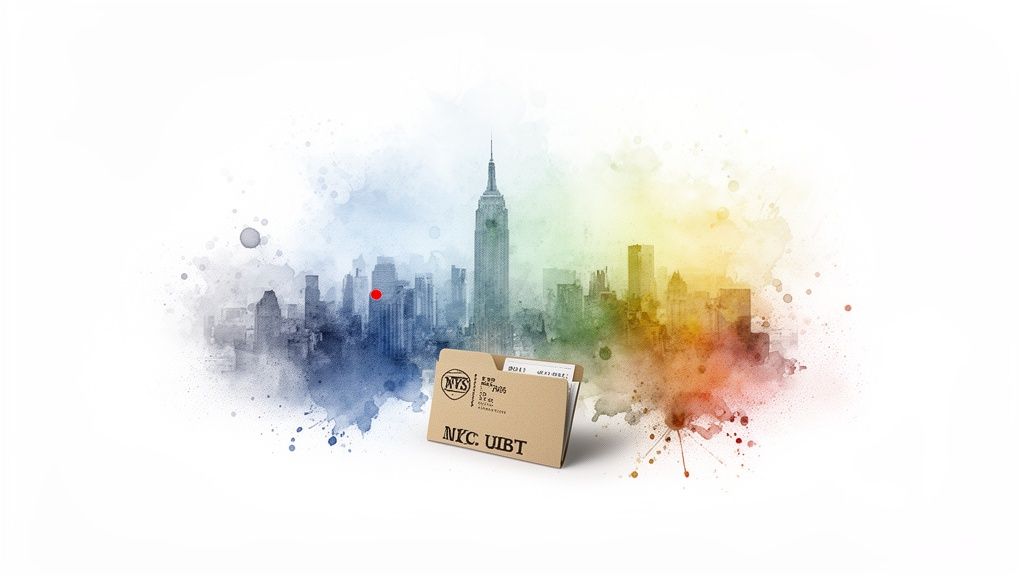 Watercolor New York City skyline with Empire State Building and a 'NYC. UIBT' business tax folder.