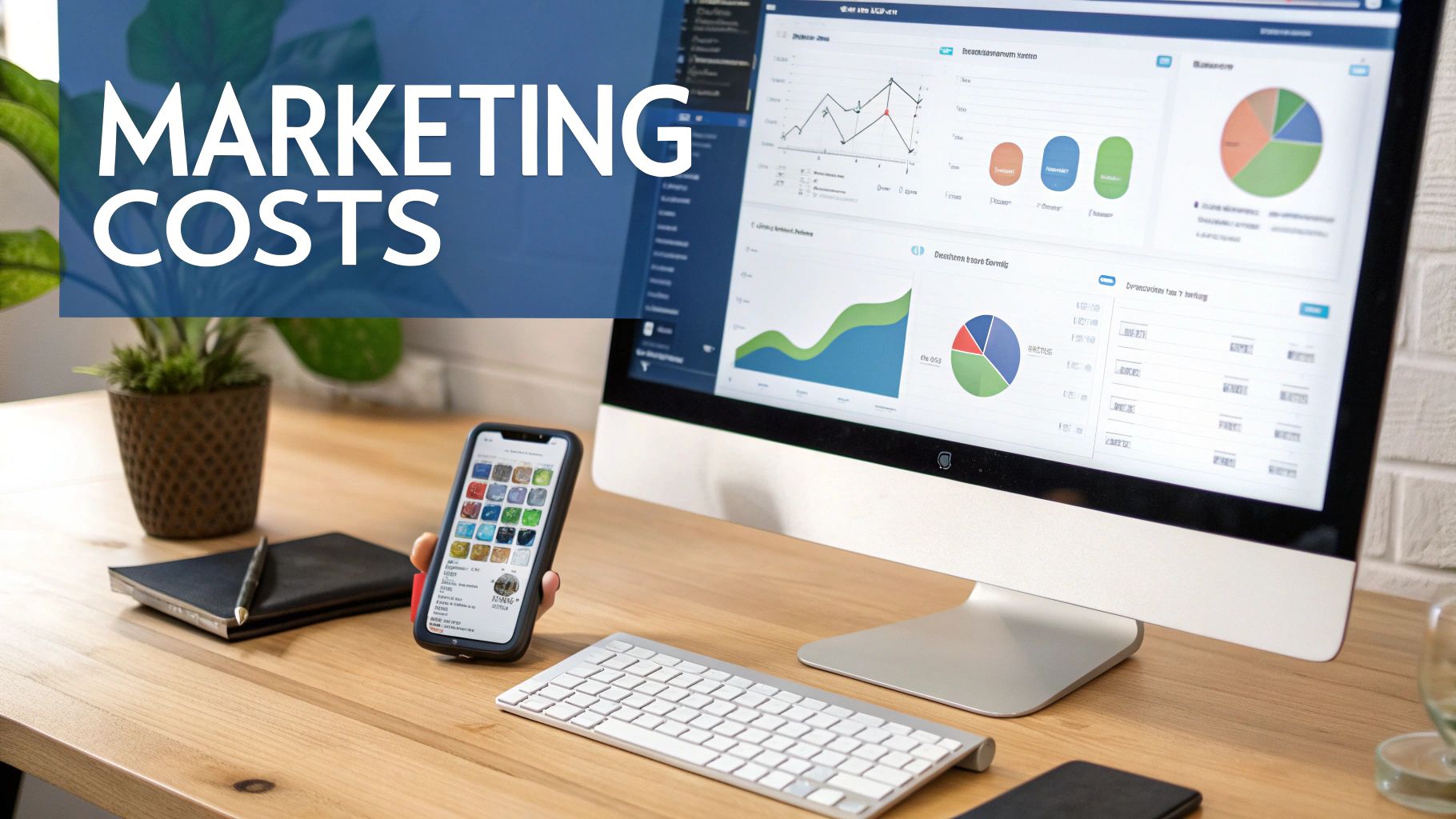 A desk with a computer displaying marketing costs and analytics dashboards, a smartphone, and a notebook.