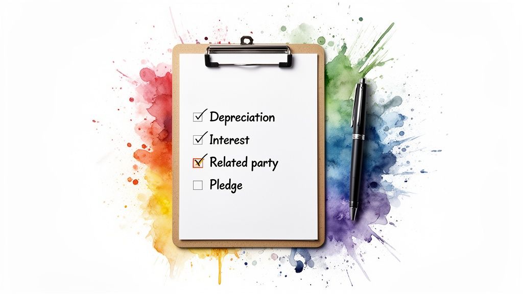 A clipboard with a checklist of financial terms, including Depreciation, Interest, and Related party, on a watercolor background with a pen.