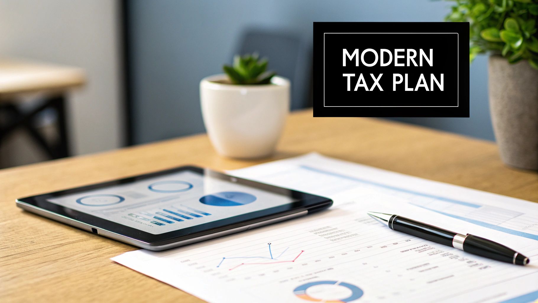 A modern tax plan concept on a desk with a tablet displaying charts and financial documents.