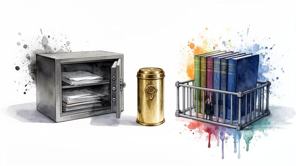 Watercolor illustration of a safe with documents, a golden canister, and books in a secure enclosure.