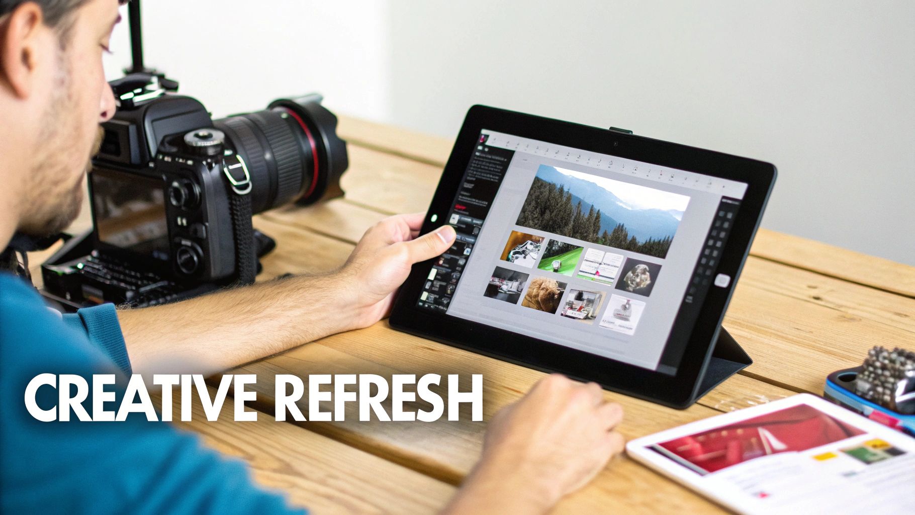 A person views and edits photos on a tablet, with a professional camera and a magazine on a wooden table.