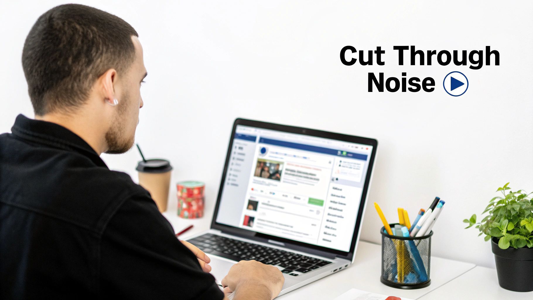A man looking at a laptop displaying Facebook, with office items on a white desk.