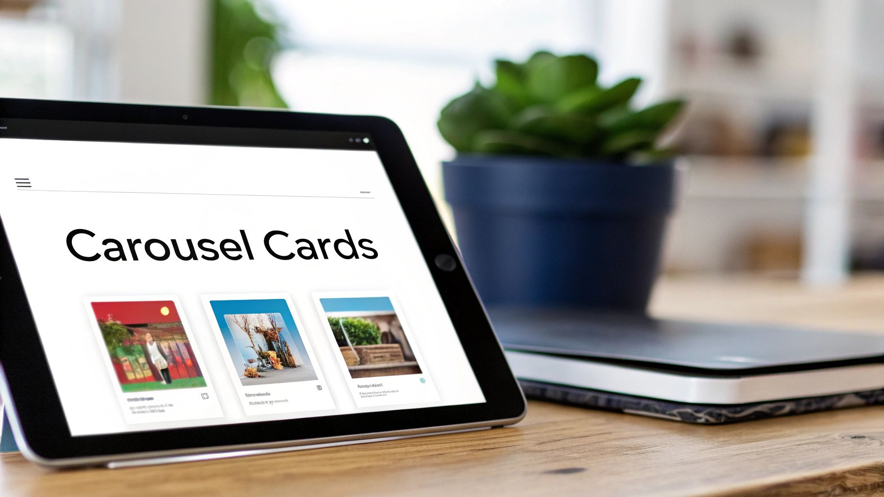 Close-up of a tablet showing "Carousel Cards" content, with a plant and notebook in the background.