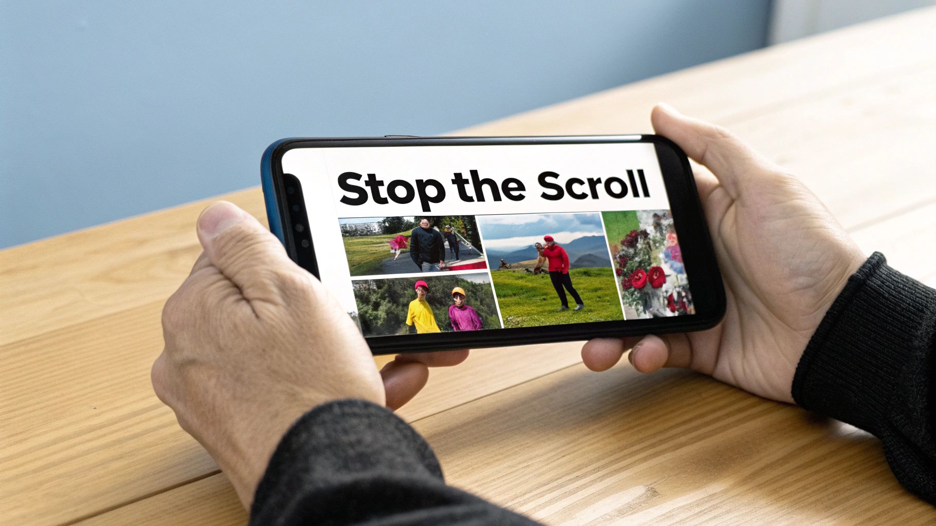 Hands holding a smartphone displaying 'Stop the Scroll' and multiple image thumbnails.
