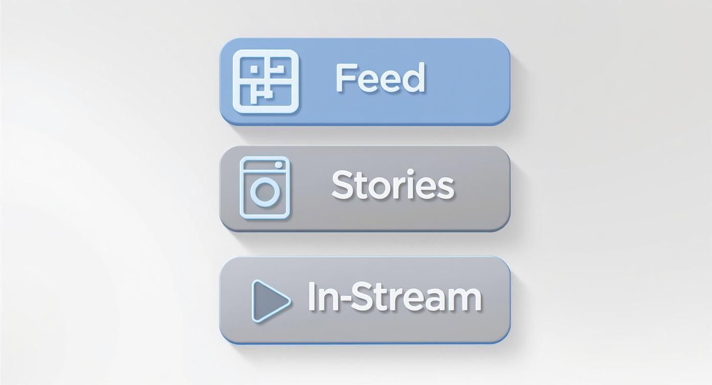 Three rounded rectangular buttons showing Facebook content types: Feed, Stories, and In-Stream video placement options