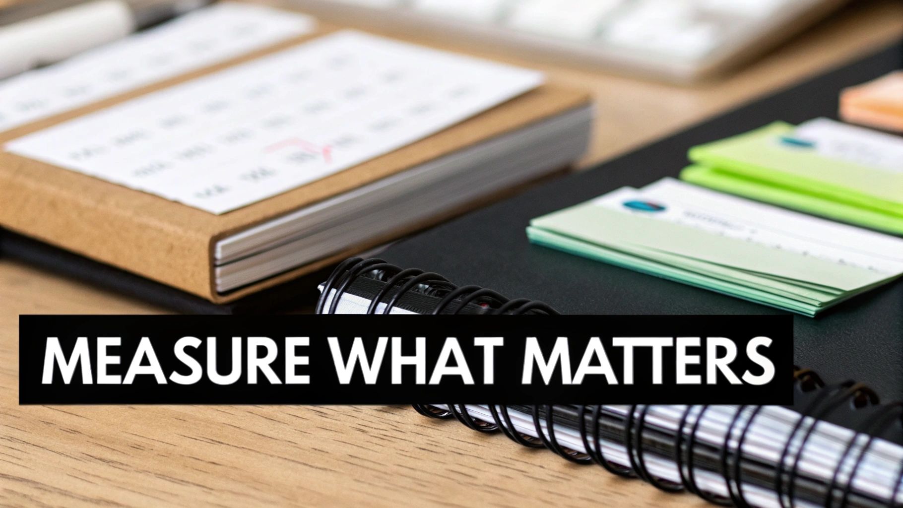 A desk with a calendar and notebook, overlaid with 'MEASURE WHAT MATTERS' text, symbolizing focus and planning.